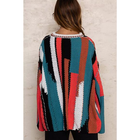 POL Geometric Color Block Design Round Neckline Oversized Sweater | Red/Ivory - Picture 5 of 9